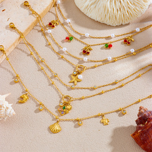 Tobillera de Acero Inoxidable con Colgante de Doble Cadena y Dijes de Diamantes, Cereza, Estrella de Mar, Flor, Estrella y Luna, Estilo Coreano, para Mujer - Product Image 3