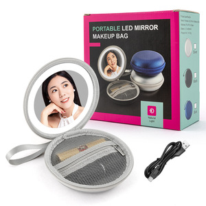 Jia Yao <b>LED</b> Portable <b>Mirror</b> <b>Makeup</b> Bag Round Rechargeable Case With Light For Travel And Home Use - Product Image 2