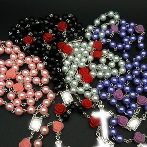 Pearl Rose Rosary Necklace 8mm Imitation Glass Pearl Beads <b>Cross</b> Pendant Unisex Fashion Sweater <b>Chain</b> Jewelry Gift - Product Image 1