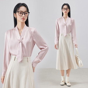 Women's Satin V-Neck Long Sleeve Shirt With <b>Tie</b> Front Office Blouse Solid Color Professional Top For Work Spring Autumn - Product Image 2