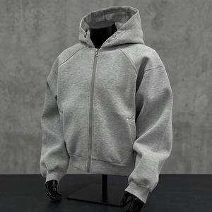 Men's Gray Hooded Zipper Sweatshirt Casual Regular Fit Solid Color Long Sleeve French Terry Hoodie Autumn Wear - Product Image 2