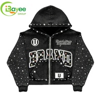 Sweat à capuche pour homme en coton épais, style streetwear rétro, avec broderie appliquée et strass thermocollants, motif personnalisé avec fermeture éclair