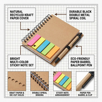 Bloc-notes en papier kraft avec reliure spirale, logo personnalisé, notes adhésives, stylo et notes autocollantes