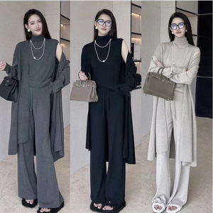 2024 nuovo <span class=keywords><strong>Outfit</strong></span> primaverile alla moda: un Set completo di Cardigan, gilet e <span class=keywords><strong>pantaloni</strong></span> lunghi in maglia grigia da donna - Product Image 1