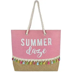 Summer Vacay Custom Pink Canvas Cotton Designer Shopping Tote Bag Detalle de corcho Borla Shopper Bolsa de playa con asas de cuerda de algodón