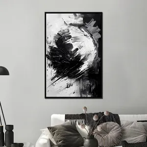 Arte de lienzo de pintura a mano 100% abstracto en blanco y negro con marco negro para decoración de oficina en casa