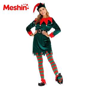 Womens Christmas <b>Elf</b> <b>Costume</b> Green Velvet Outfit With Striped Tights Holiday Party Carnival Role Play Festive <b>for</b> <b>Adult</b> - Product Image 1