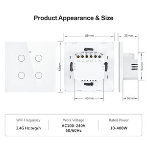 สวิตช์ไฟติดผนังแบบสัมผัส Tuya Smart 4 ช่อง รองรับ WiFi 2.4GHz มาตรฐาน EU ใช้งานร่วมกับ <span class=keywords><strong>Alexa</strong></span> และ Google Home ผลิตจากกระจกนิรภัย รุ่น PST-TY-E4 - Product Image 5
