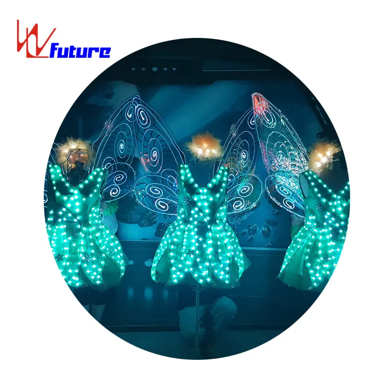 Fantasia de noiva de fibra óptica LED para desfile de fadas de borboletas, fantasia de luz noturna para palco