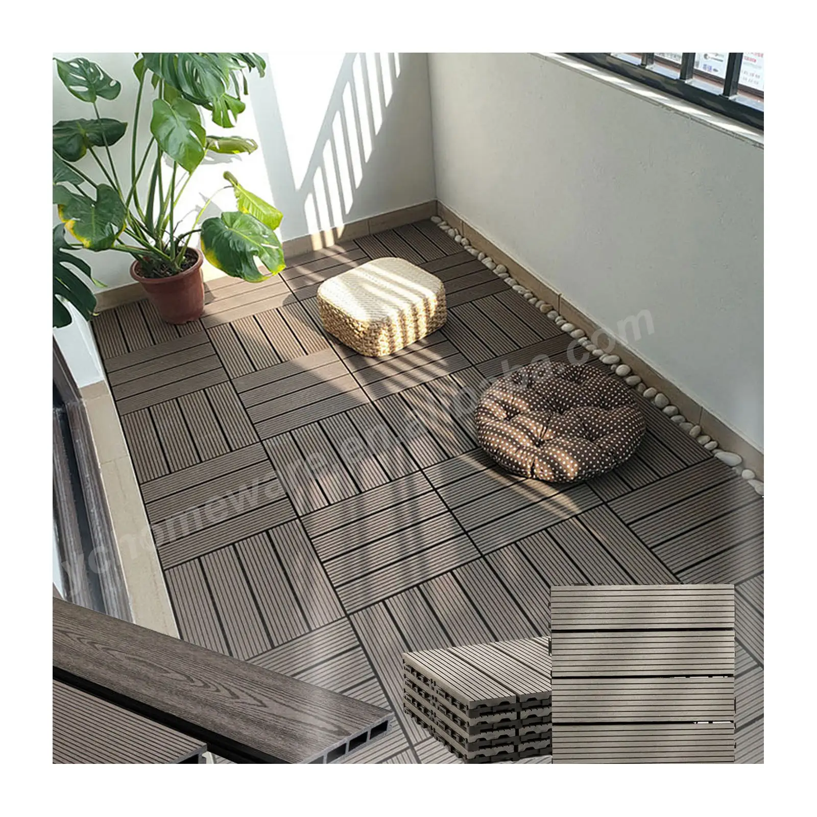 Hiện đại bên ngoài UV chống trượt DIY lồng vào nhau sàn gạch WPC Composite decking sân thượng sàn WPC decking ngoài trời