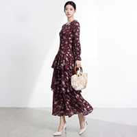Robe longue plissée à imprimé floral pour femme 2026, à manches longues, col rond, coupe trapèze, avec volants superposés, style boutique, tendance