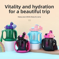 Bouteille d'eau en plastique pour enfants de 850 ml, sans BPA, design mignon de dessin animé, avec poignée, grande capacité, anti-fuite, pour l'école, la gym, les sports, le camping