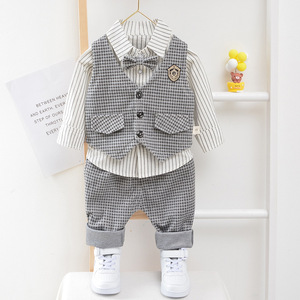 Vêtements pour enfants en gros, bébé garçon de 1 à 3 ans, printemps automne, style britannique, motif à carreaux, tissu en coton, costume trois pièces, <span class=keywords><strong>gilet</strong></span> - Product Image 1