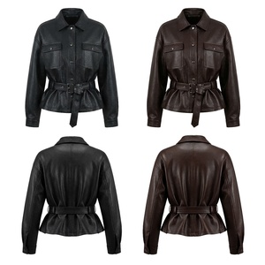 Blouson Bomber Court en <span class=keywords><strong>Cuir</strong></span> PU à Motif Litchi pour <span class=keywords><strong>Femme</strong></span>, Ceinturé, Col Rabattu Élégant, Simple Boutonnage, Collection Automne - Product Image 3