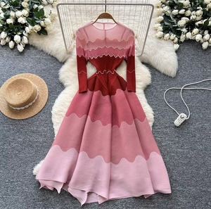 Women's Long Sleeve Round Neck Colorblock Midi Dress Asymmetrical Hem Beaded Detail Modest Loose Fit Polyester Daily Wear - Product Image 2