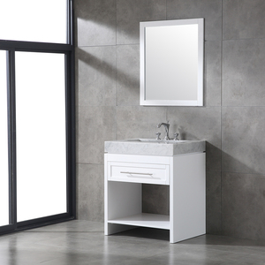 White Modern Solid Wood <b>Small</b> Bathroom <b>Vanity</b> Frame <b>Mirror</b> Freestanding Cabinet Carrara Marble Top 1 Drawer Open Shelf Water - Product Image 2