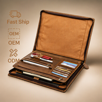 Porte-documents en cuir marron avec compartiment pour ordinateur portable, organiseur professionnel zippé, porte-stylos et emplacements pour cartes