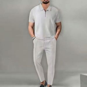 I-0497 Wholesale Eco-Friendly <b>Knitted</b> Street Wear Men's Formal Two-Piece Summer <b>Set</b> Solid Color Collar Short-Sleeved Turtleneck - Product Image 5