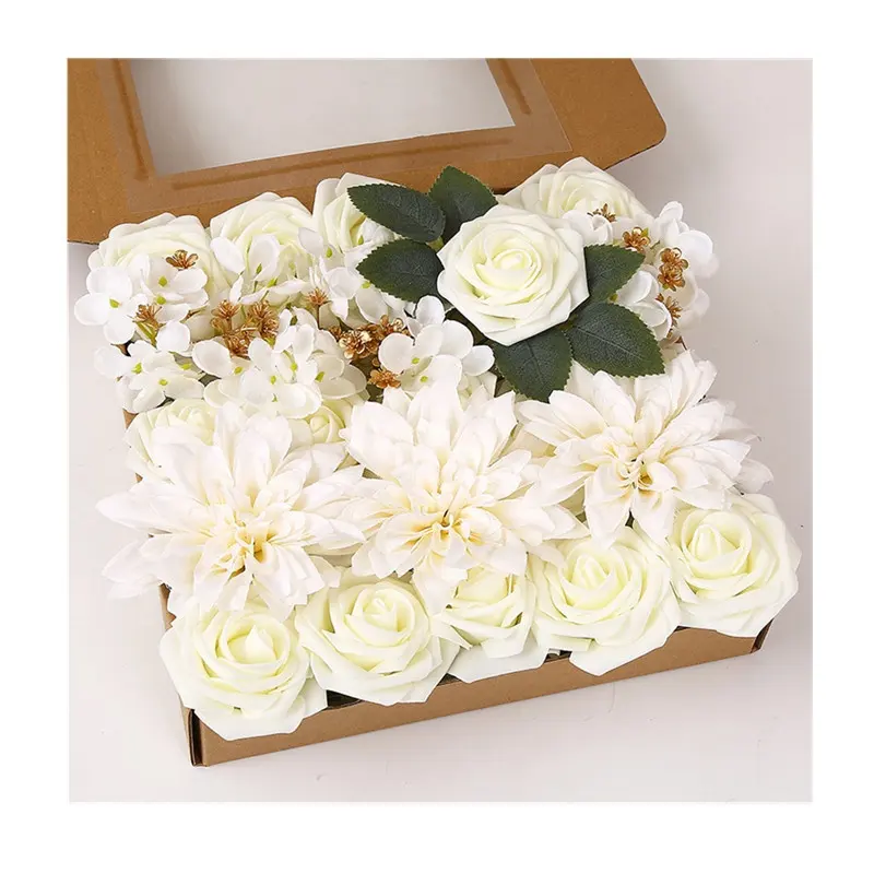 Caixa de presente de seda artificial para casamento, produto mais vendido, conjunto de flores de casamento em PE, decoração de flores artificiais com rosas, decoração de casamento