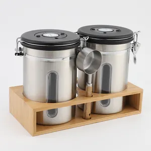 Hot Sale Vacuum Sealed Food Storage Coffee Canister Airtight Stainless Steel Coffee Canister Set With Wooden Holder Spoon