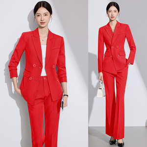 Women's Red Suit Set Three Quarter Sleeve Formal Work Wear Anti-Wrinkle Worsted Fabric Commute Style - Product Image 1
