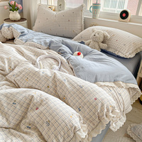 Parure de lit de luxe en mousseline de coton douce style nordique, imprimé floral double gaze, avec garniture en dentelle, housse de couette 4 pièces, King Queen