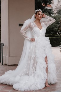 Luxe blanc femmes robes de maternité pour séance Photo col en V manches longues <span class=keywords><strong>Robe</strong></span> à plusieurs niveaux Tulle bal mariage enceinte sur mesure - Product Image 6