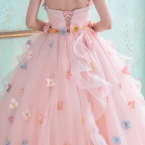 Halter sin tirantes 3D floral vestido de fiesta con volantes vestido de noche Rosa princesa bola Quinceañera vestido