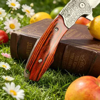 Couteau pliant Thunder en acier Damas, manche rouge, étui à motif plume, EDC, portable, pour camping, chasse, randonnée, kit d'outils de survie
