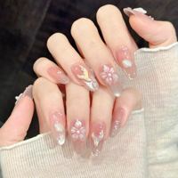 Faux Ongles à Presser pour Femme, Rose Transparent, Longs, Forme Amande, Paillettes, Breloque Fleur Cygne 3D, Style Luxe Fleur Argentée