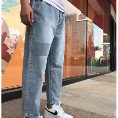 Casual Streetwear Baggy Denim Wide Leg Jeans Straight Light Blue Regular Fit Stretched Denim Jean Pant Cropped Patched pants