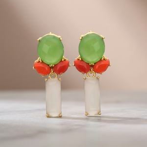 Nouvelles boucles d'oreilles pendantes en argent sterling 925 plaqué or avec pierres de calcédoine laiteuse/orangée et vert marine - Product Image 3