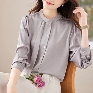 Women's Satin Long Sleeve Blouse Gray Solid Color Button Front Office Wear - Product Image 1