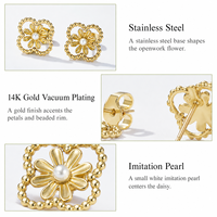 Boucles d'oreilles clous Daisy Clover en acier inoxydable plaqué or 14K sous vide, avec cadre perlé imitation perle, bijoux 11mm