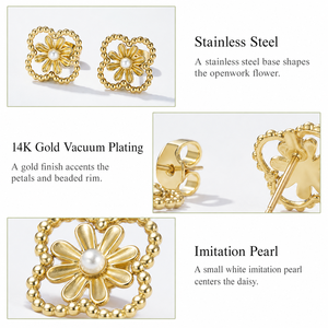 Boucles d'oreilles clous Daisy Clover en acier inoxydable plaqué or 14K sous vide, avec cadre perlé imitation perle, bijoux 11mm - Product Image 3