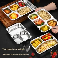 Assiette à repas rapide moderne minimaliste en acier inoxydable 304 épaissi, à quatre/cinq compartiments, carrée, profonde, à motif uni