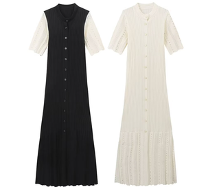 GHH11408- 2025 <span class=keywords><strong>Abito</strong></span> Lungo da Donna <span class=keywords><strong>in</strong></span> <span class=keywords><strong>Maglia</strong></span> con <span class=keywords><strong>Bottoni</strong></span> e Spacco, Maniche Corte, Vita Alta, Stile Europeo e Americano, alla Moda - Product Image 4