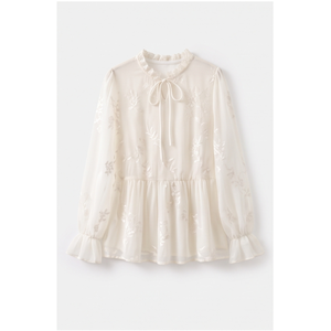 Blusa de Mujer Blanca con Bordado Floral, Cuello con Volantes, Manga Campana, 100% Poliéster, Corte Holgado, Estilo Chic de Primavera - Product Image 1