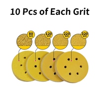 5 pouces, 6 trous, jaune, 40 pièces, 80 #   120 #   220 #   320 #   Assortiment de disques abrasifs en oxyde d'aluminium doré à fixation auto-agrippante