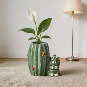 Pot de fleurs en céramique en forme de <span class=keywords><strong>cactus</strong></span>, écologique, personnalisé OEM/ODM, avec éléphant de dessin animé mignon et glaçure verte craquelée, pour plantes succulentes d'extérieur - Product Image 1