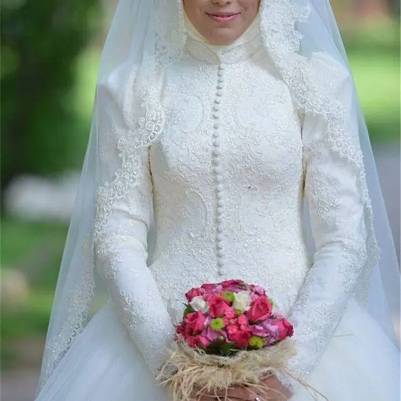 Klassieke Jurk Voor Moslim Vrouwen Bruiloft Vintage Trouwjurken Wit Kant Toga