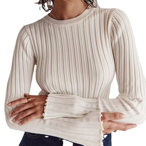 Pull à manches longues décontracté pour femmes Offre Spéciale couleur unie col rond conception côtelée douce pour l'automne hiver - Product Image 1