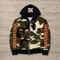 Sweat-shirt à capuche entièrement zippé en camouflage woodland personnalisé 360 g/m² avec broderie gothique, imprimés sur les manches, bordure côtelée noire, style streetwear, OEM ODM