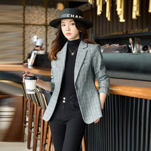 Womens Wool Blazer Dark Gray Solid Color Anti-Wrinkle Autumn Winter Casual Top Coat - Product Image 1