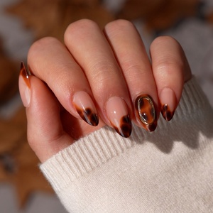 Uñas Postizas de Lujo Hechas a Mano, 3D, Cortas, Forma Almendrada, con Pegamento, Venta al por Mayor, Gel Suave, Diseño Marrón Leopardo, Punta Francesa, Uñas a Presión - Product Image 1