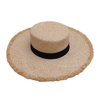Chapeau de paille en raphia pour femmes adultes, bord brut, garniture noire, bord ajustable, élégant, protection solaire, vacances à la mer, été