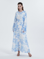 Sharut 2025 Nouvelle Abaya Musulmane pour Femmes en Chiffon de Dubaï, Émirats Arabes Unis, Couleur Bleue, Motif Floral, Double Couche, Manches Évasées, Style Modeste et Fluide