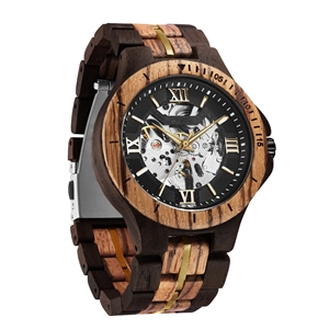 42mm <b>Black</b> Round Hollow Dial Wooden Sports <b>Watch</b> Stainless Steel Band Ceramic Strap Glass Window Movement for Business Diving - Product Image 2