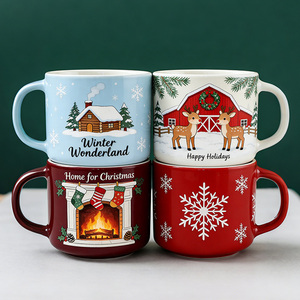Ensemble de tasses en céramique de Noël - Tasses à café sur le thème du pays <span class=keywords><strong>des</strong></span> <span class=keywords><strong>merveilles</strong></span> hivernales avec <span class=keywords><strong>des</strong></span> motifs de cabane enneigée, de rennes, de cheminée et de flocons de neige - Product Image 1