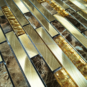 <span class=keywords><strong>Mosaico</strong></span> in Vetro Laminato <span class=keywords><strong>a</strong></span> Forma di Striscia Lunga Color Oro, Design Moderno per Decorazione Interna, Piastrelle Murali Miste in Marmo - Product Image 5